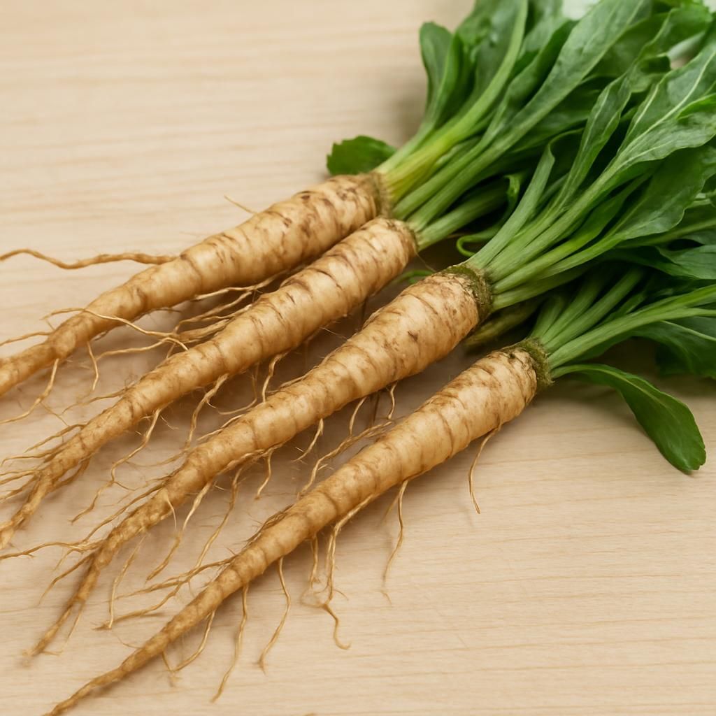 Freshly harvested Calendula Root showing taproot structure and trimmed foliage on wooden surface