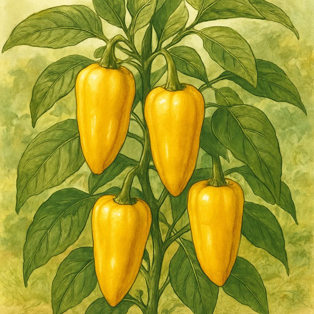 Close-up of Caloro Pepper plant with vibrant yellow peppers in a sunlit garden.