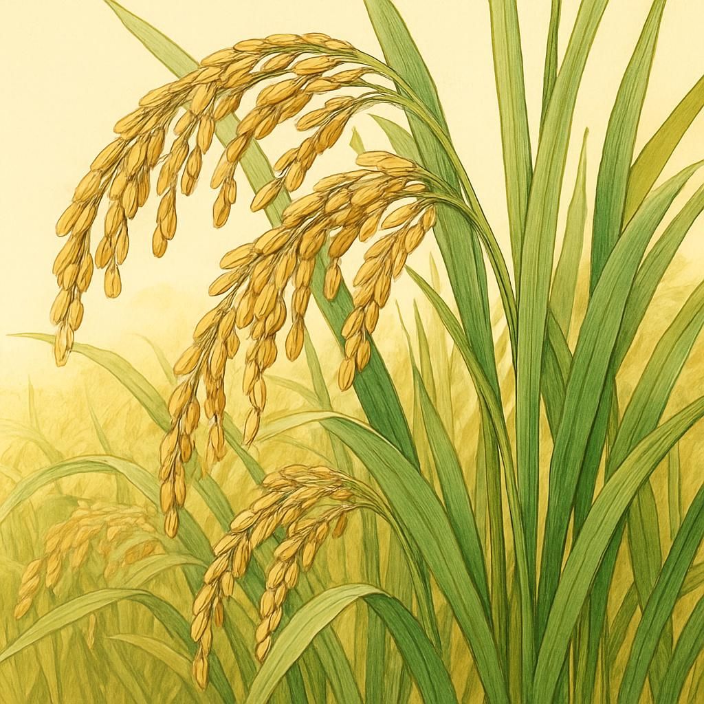 Calrose Rice plants at maturity with vibrant green leaves in a sunlit field.