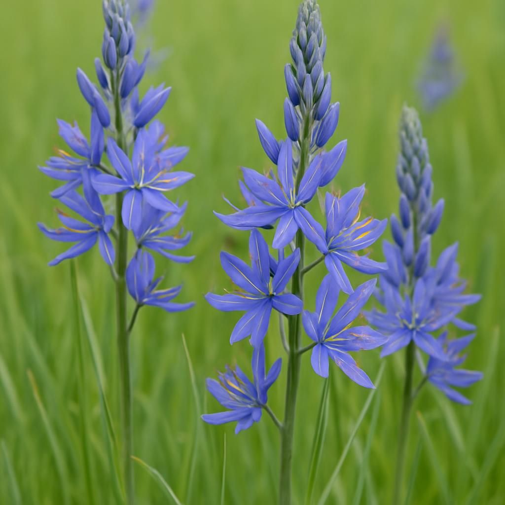 Close-up of Camassia quamash blue flower spikes in a moist meadow