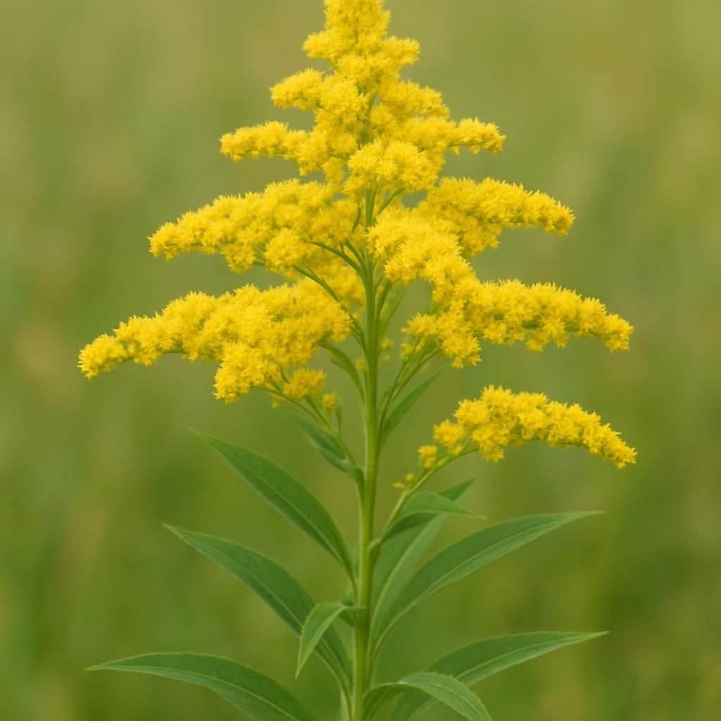 Close-up of vibrant Canada Goldenrod yellow flower plumes in a sunny meadow setting