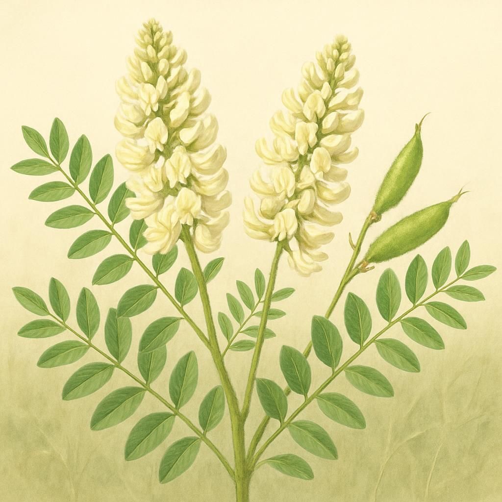 Close-up of Canada milkvetch flowers and seed pods in a prairie field