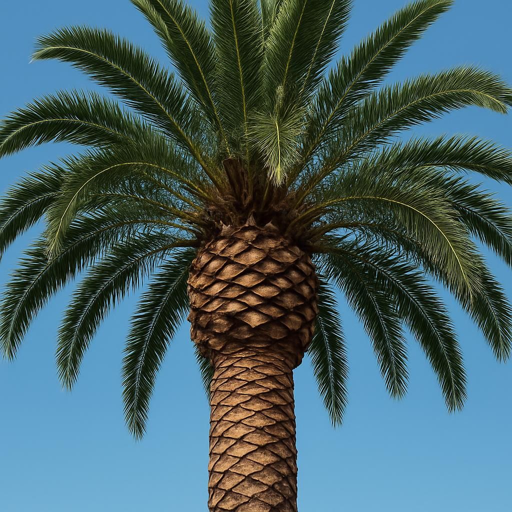 Close-up of Canary Island Date Palm showing textured trunk and lush green fronds in full sun