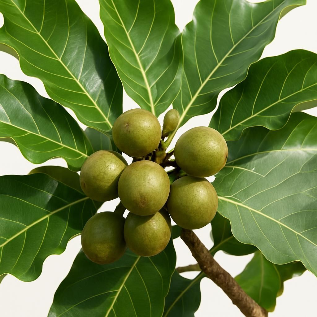 Close-up of Candlenut Kukui tree showing lobed leaves and round fruits in tropical sunlight