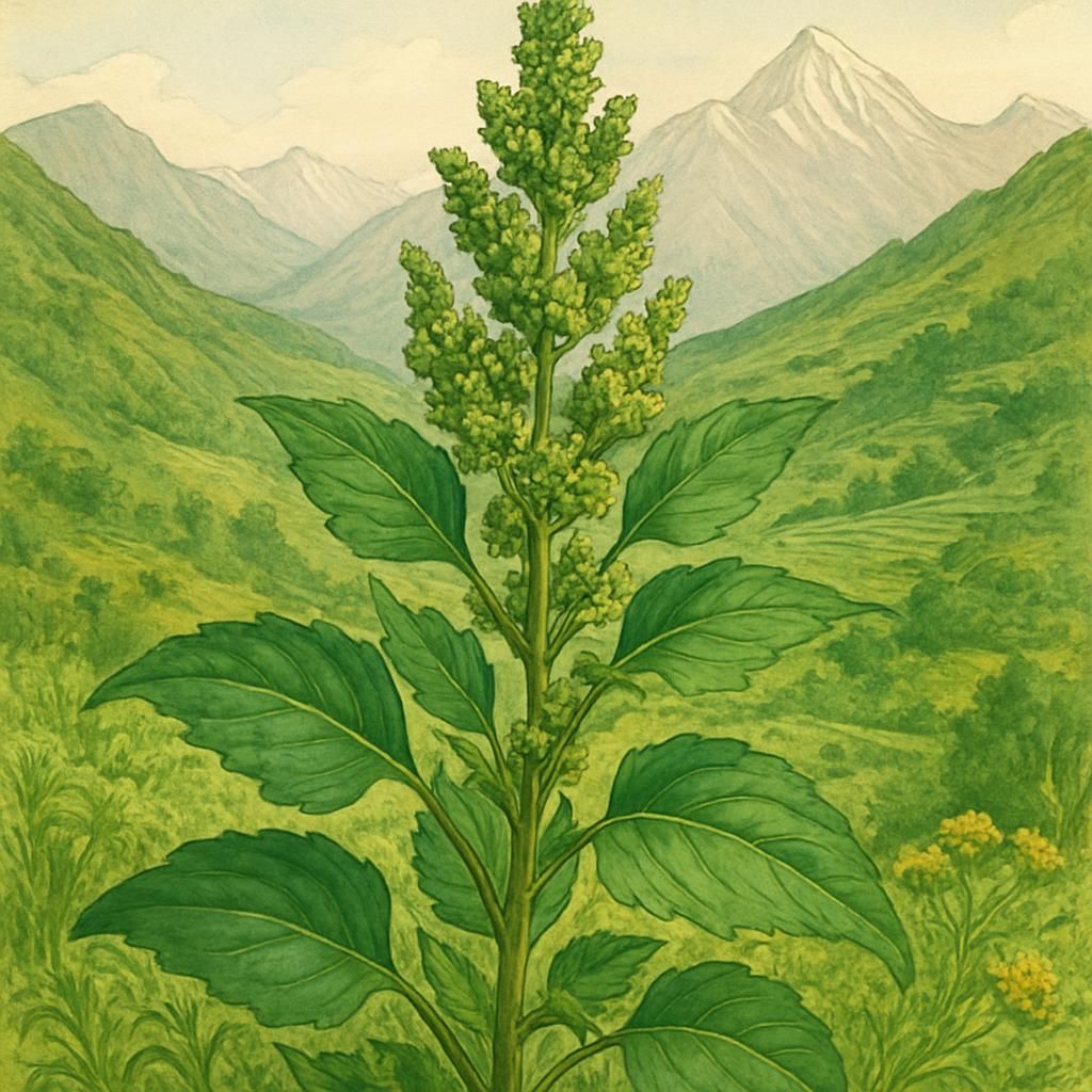 Close-up of Canihua (Chenopodium pallidicaule) in a green Andean field.