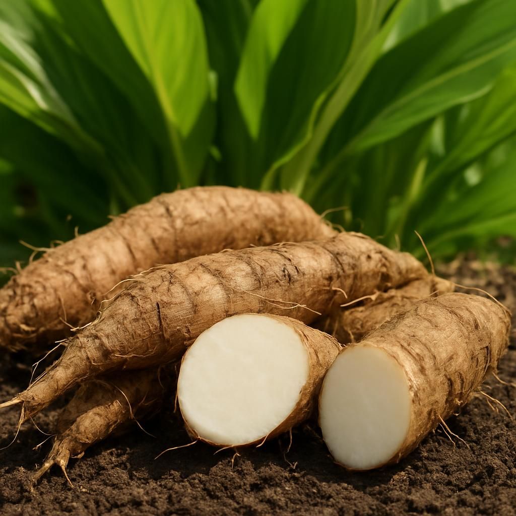 Freshly harvested edible canna rhizomes with white starchy flesh and lush green foliage