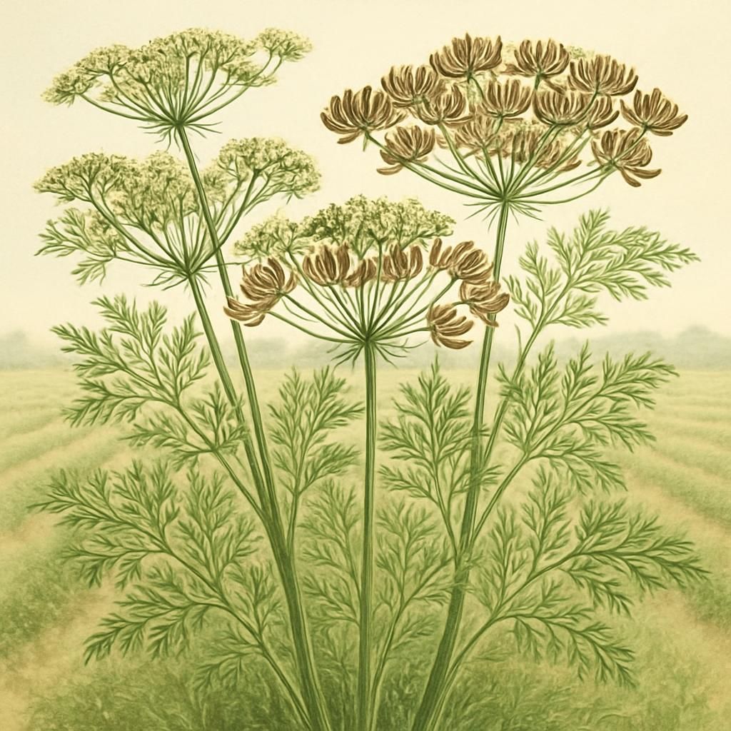 Close-up of caraway plants showing feathery leaves and ripening aromatic seeds ready for harvest