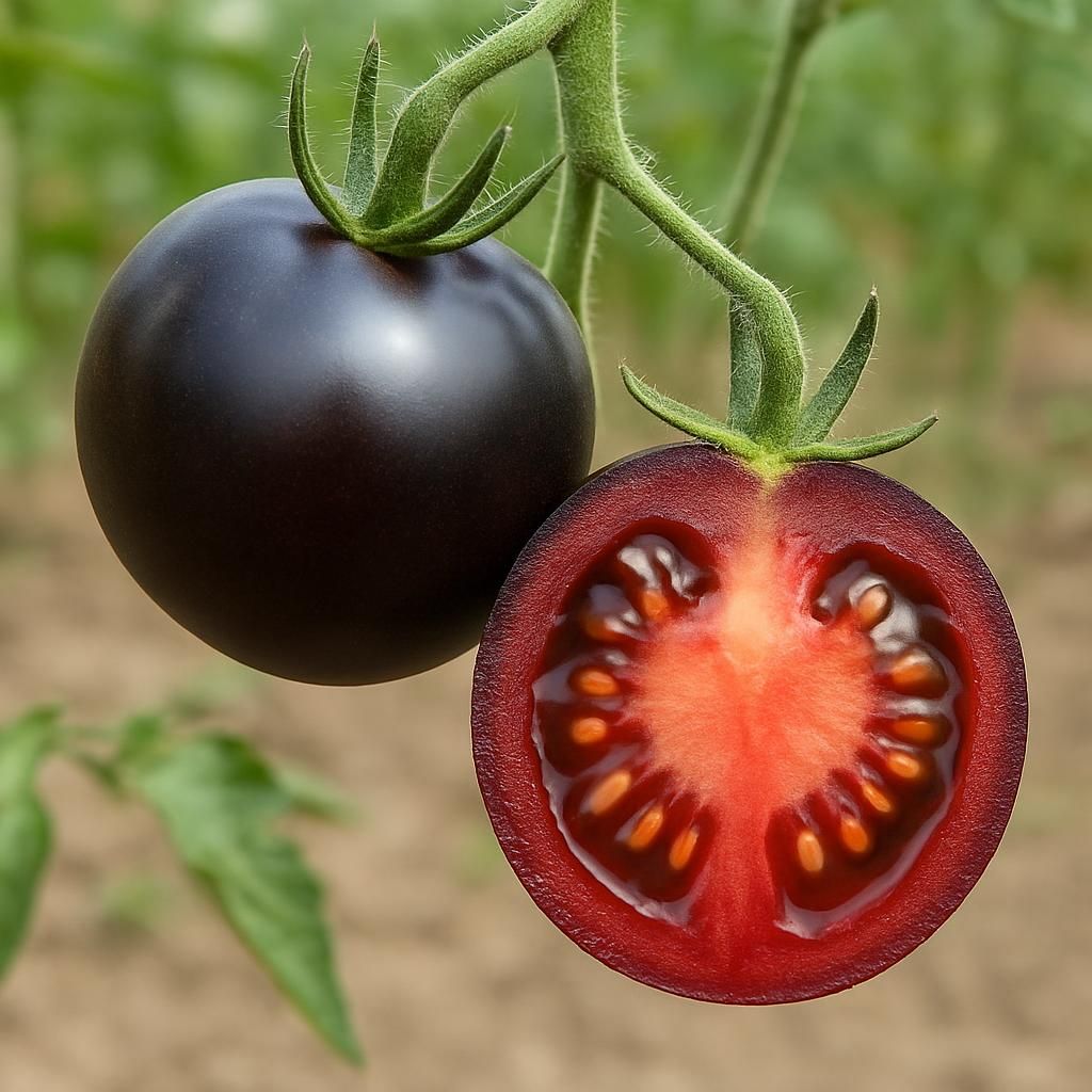 Close-up of ripe Carbon Tomato showing deep purple skin and rich flavor on the vine
