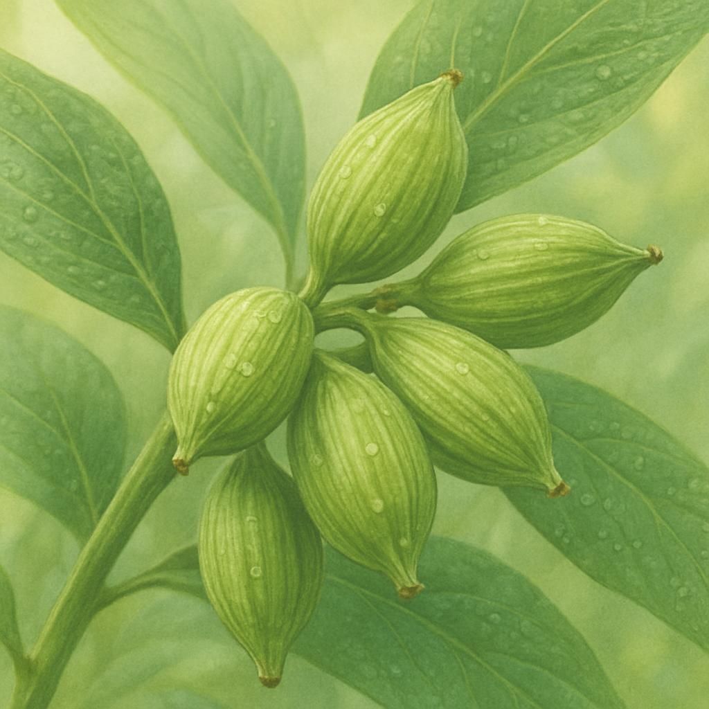 Close-up of fresh green cardamom capsules on plant with morning dew under shade trees