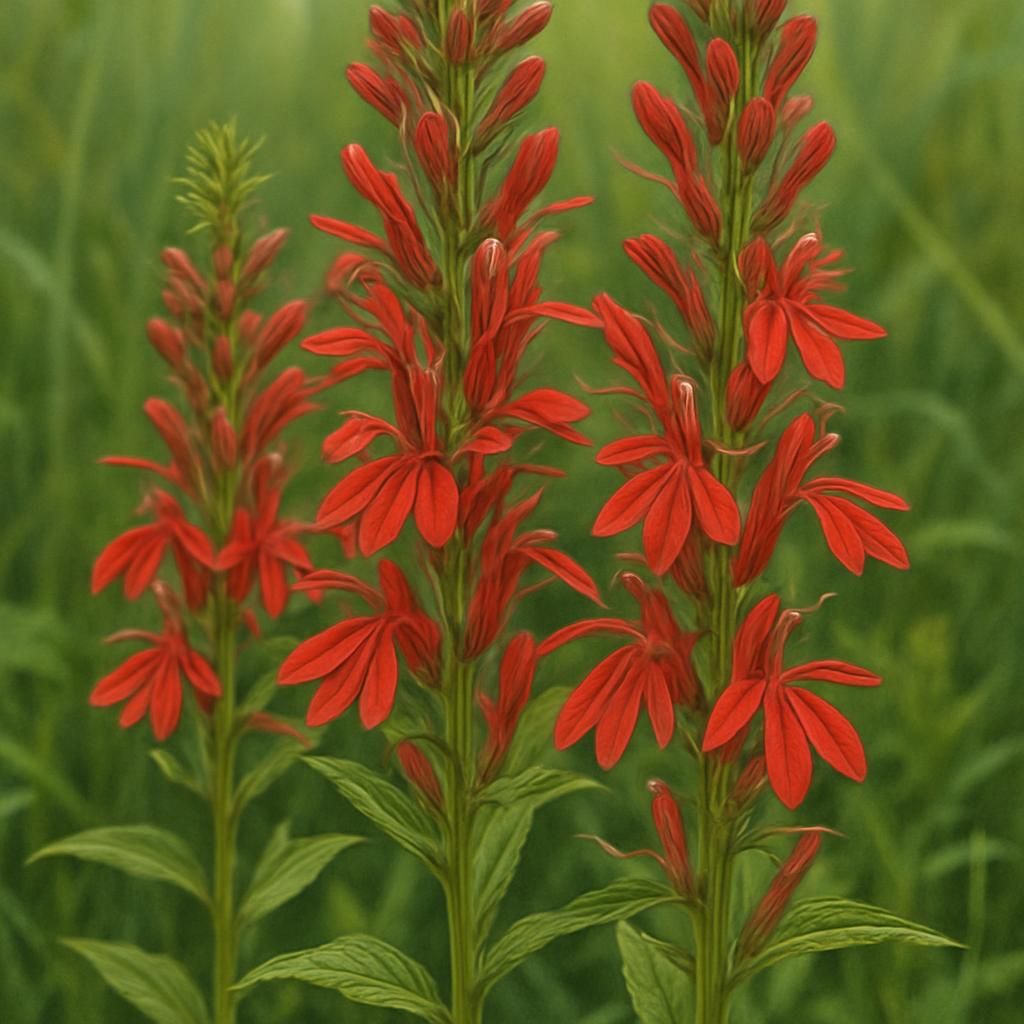 Close-up of brilliant red Cardinal Flower spikes blooming in a moist garden setting