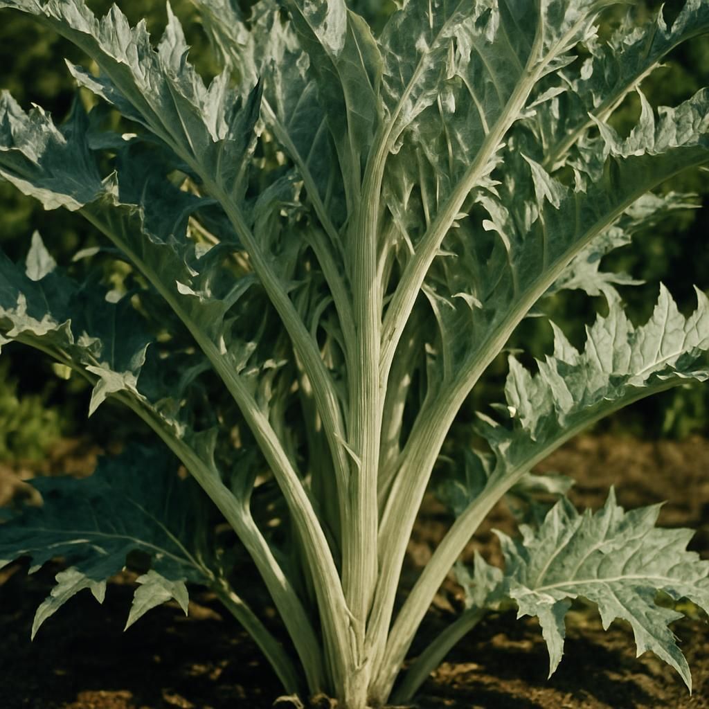 Close-up of Cardoon (Porto Spineless) with silvery leaves and thick edible stalks.