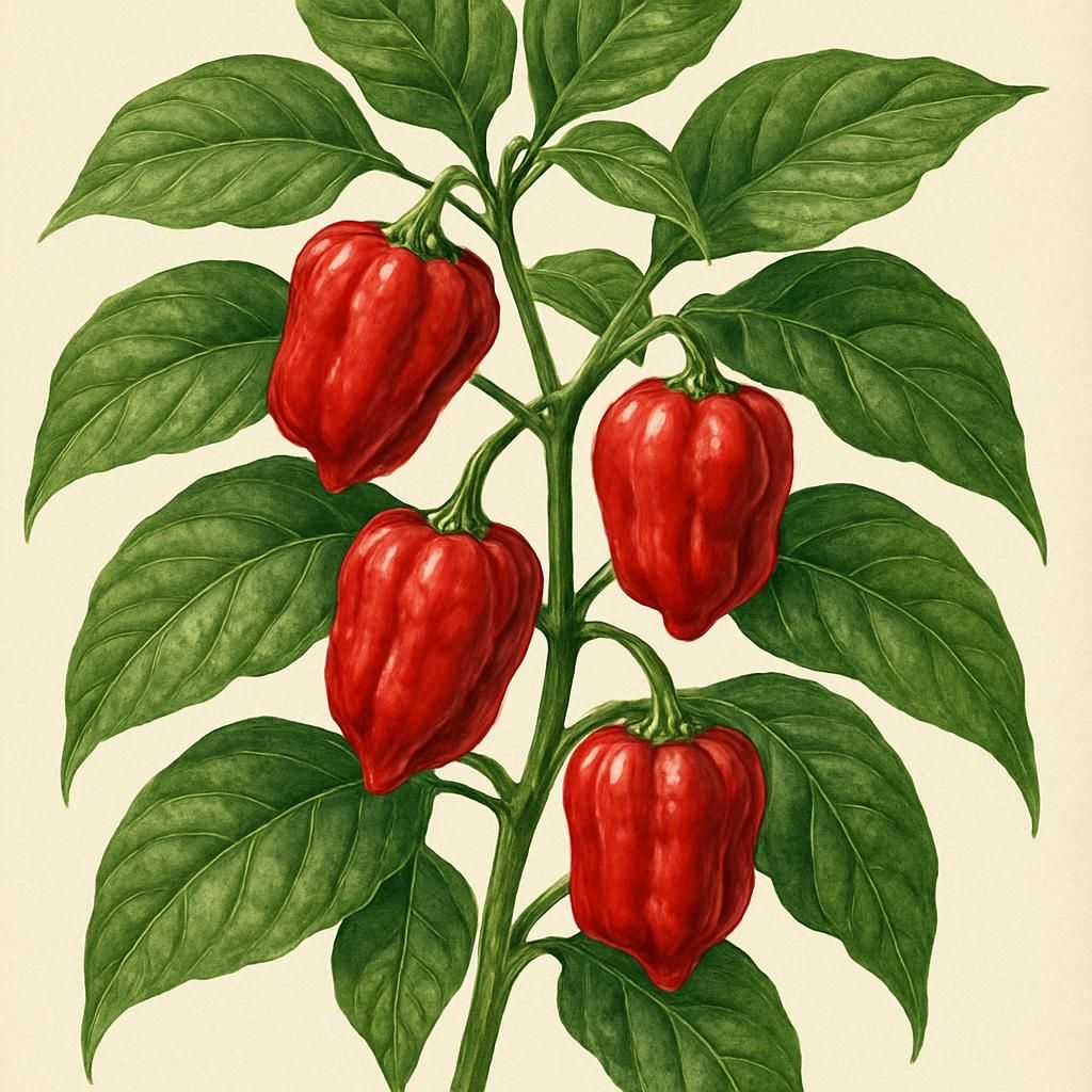Close-up of a mature Caribbean Red Habanero plant with fiery red peppers against green leaves.