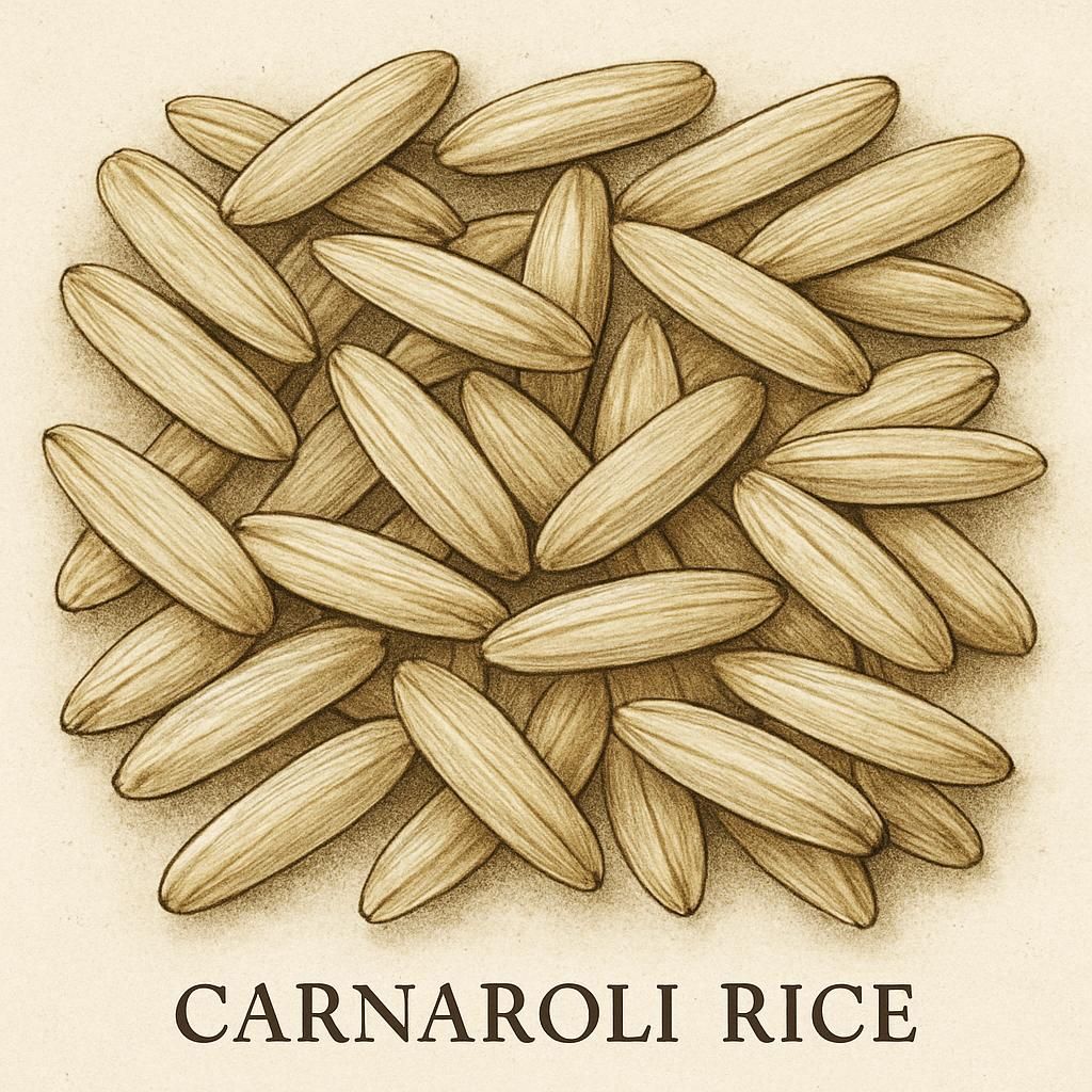 Close-up image of Carnaroli Rice grains highlighting its elongated grain structure, ideal for risottos.