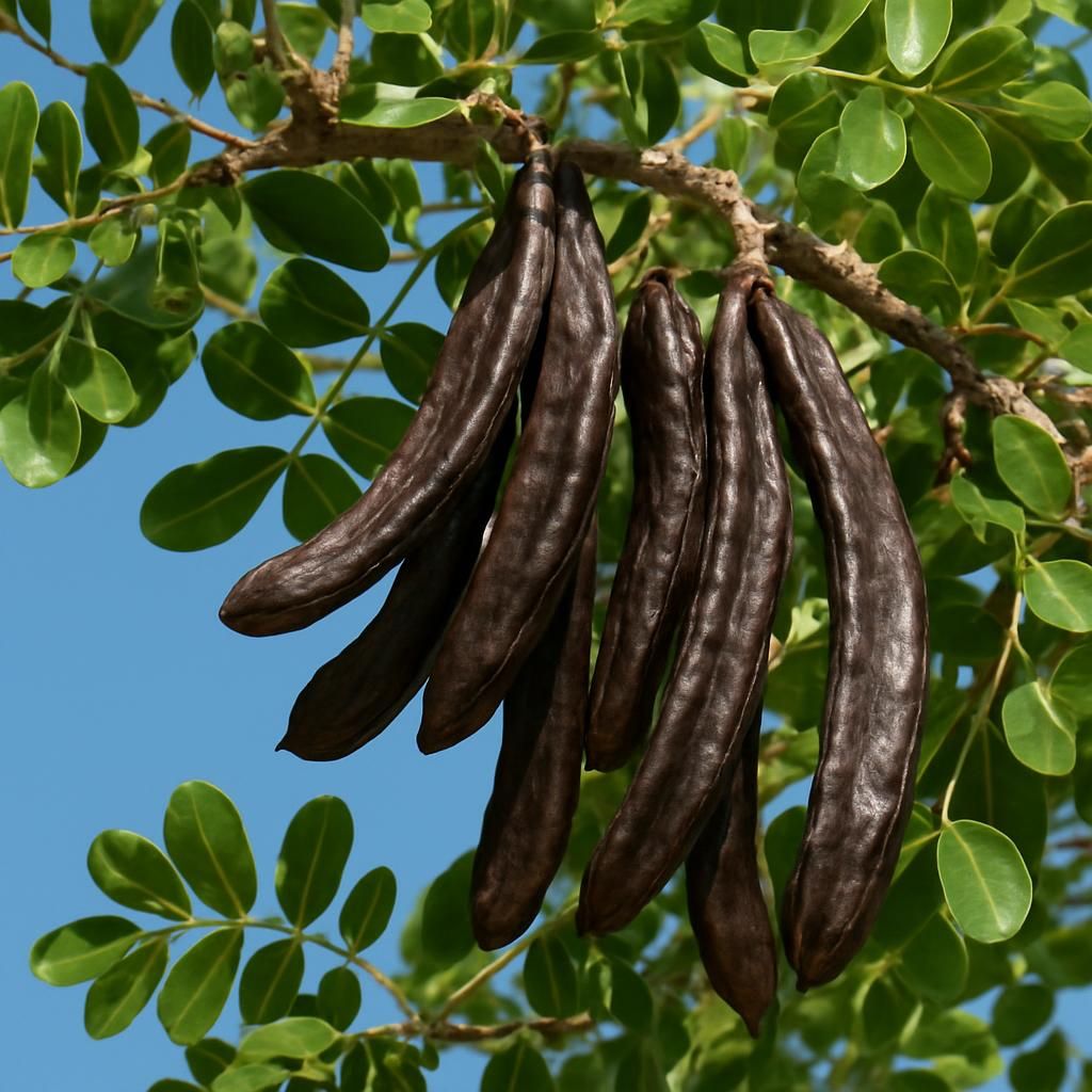 Close-up of carob tree pods and leaves showing mature dark brown pods ready for harvest in Mediterranean orchard