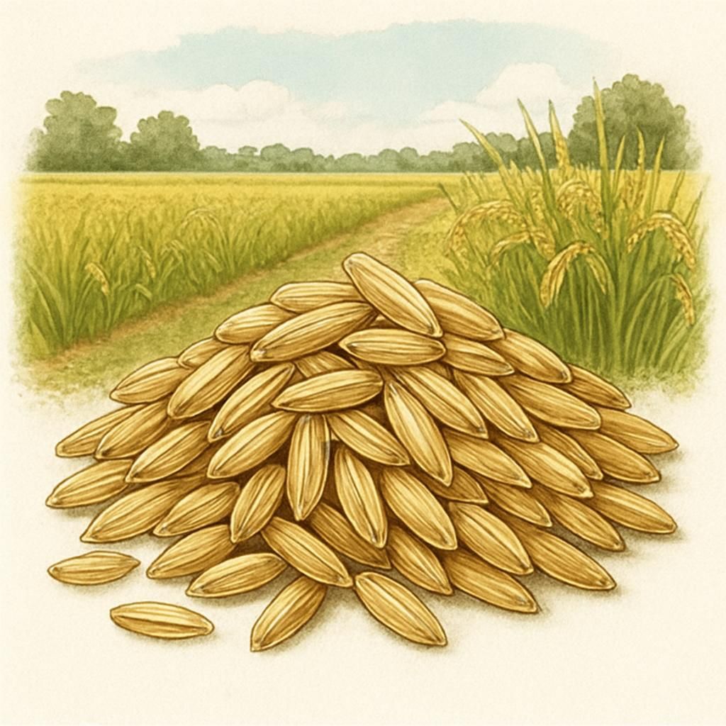 Close-up of Carolina Gold Rice grains showcasing their golden hue and glossy texture.