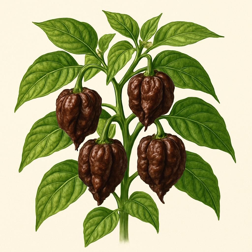 Close-up of Carolina Reaper Chocolate peppers on the plant with rich chocolate hue.