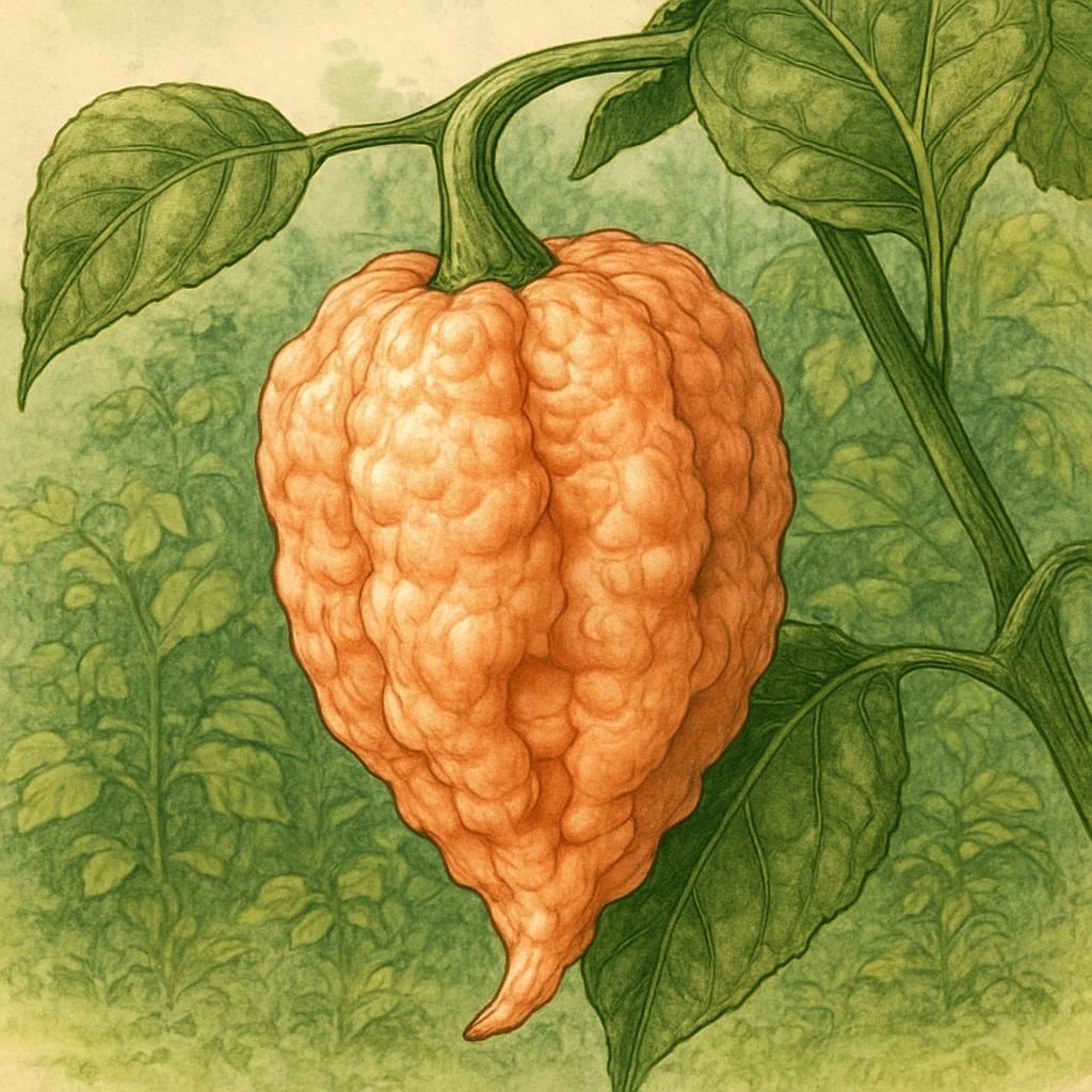 Close-up of Carolina Reaper Peach pepper with peach hue and wrinkled texture.