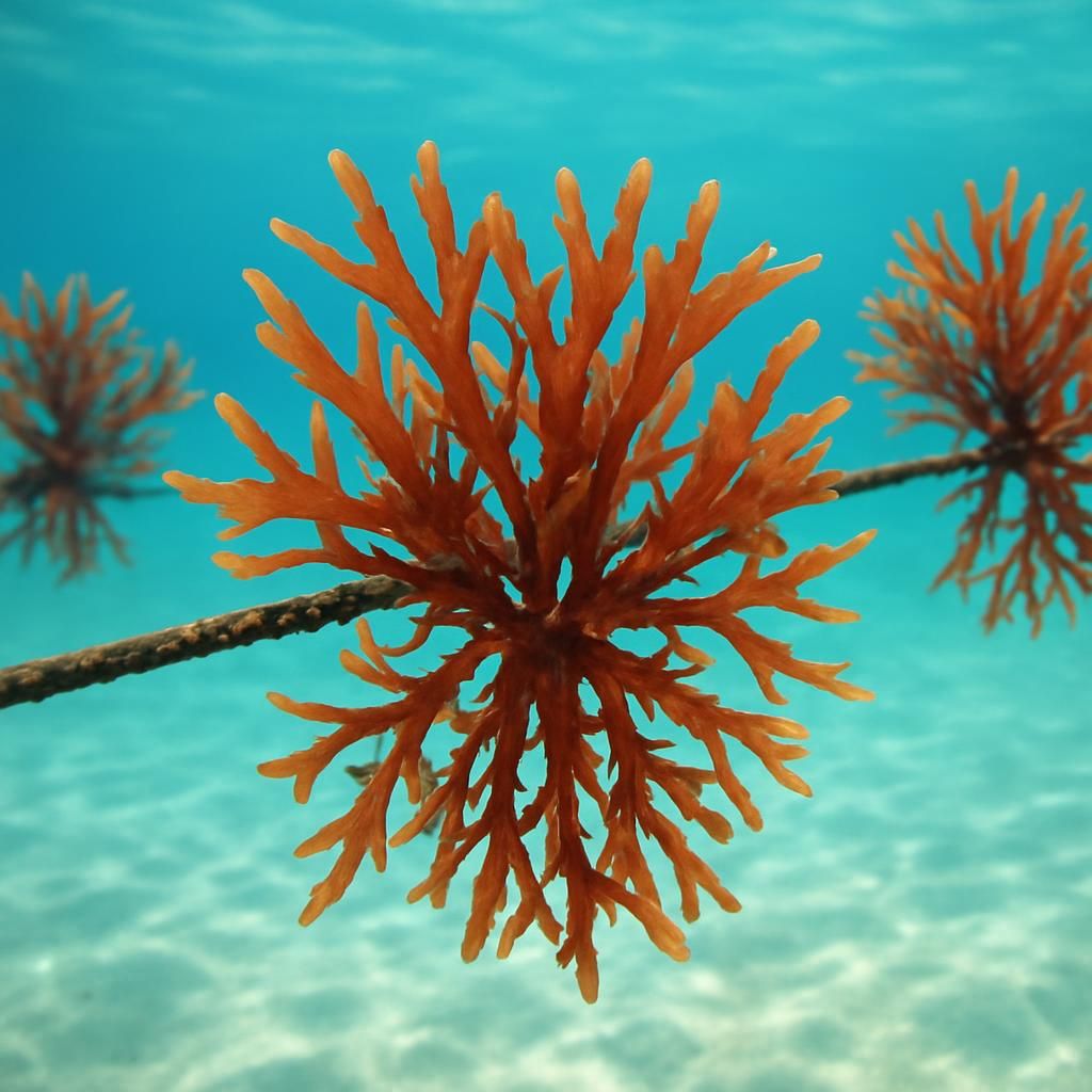 Close-up of vibrant red carrageenan seaweed (Kappaphycus) on farm lines in clear tropical water