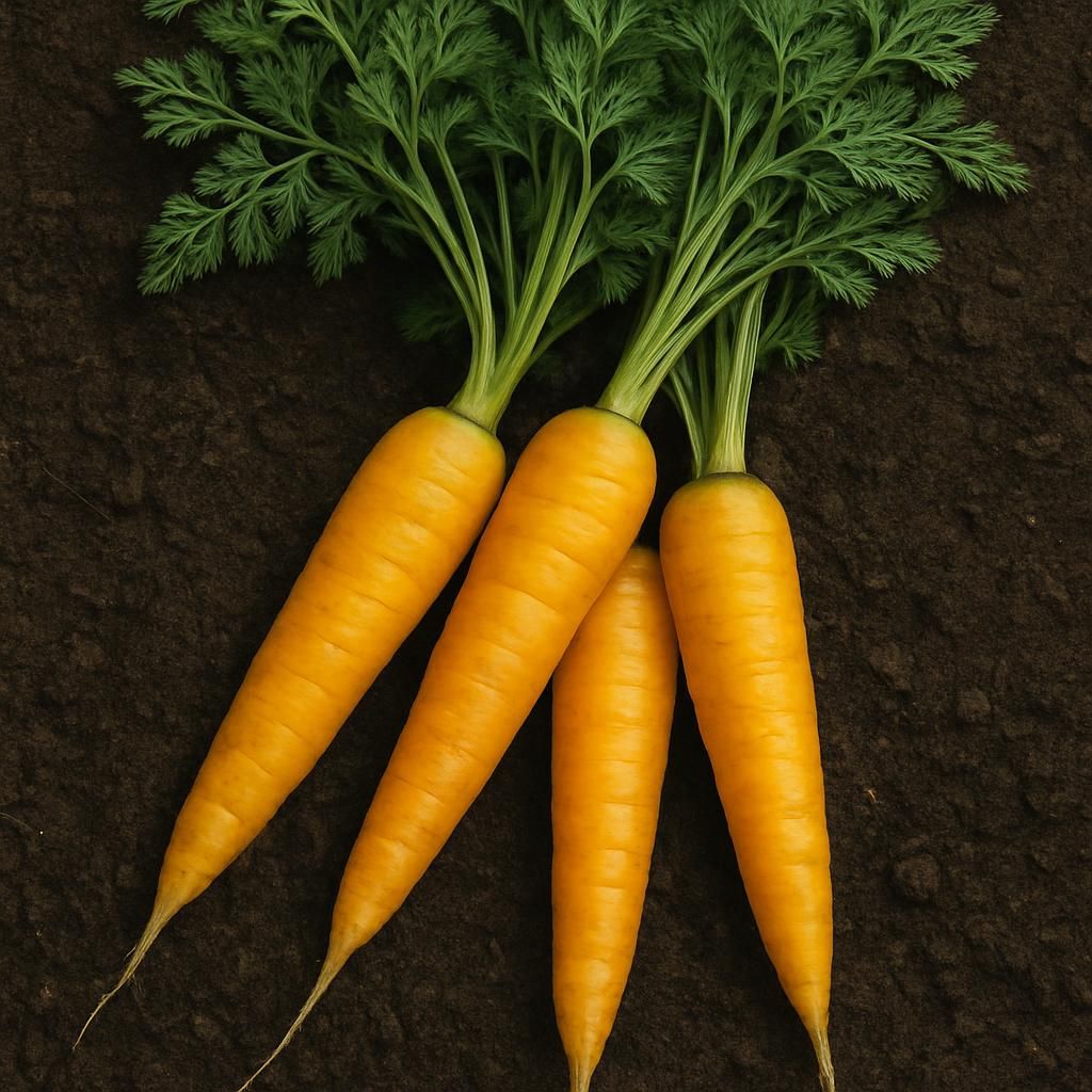 Close-up of bright yellow-orange Amarillo carrots with lush green tops ready for harvest in loose soil