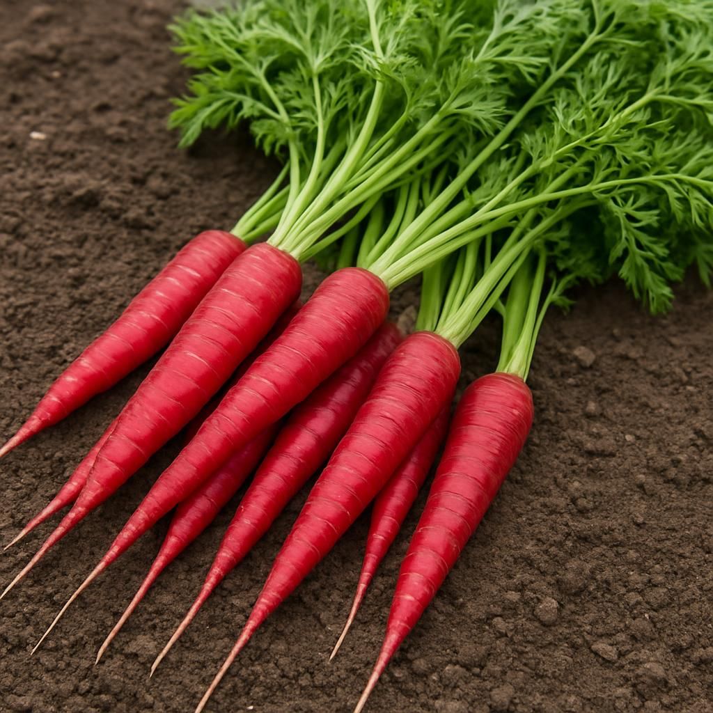 Vibrant Atomic Red carrots freshly harvested showing deep crimson roots and lush green tops on clean soil