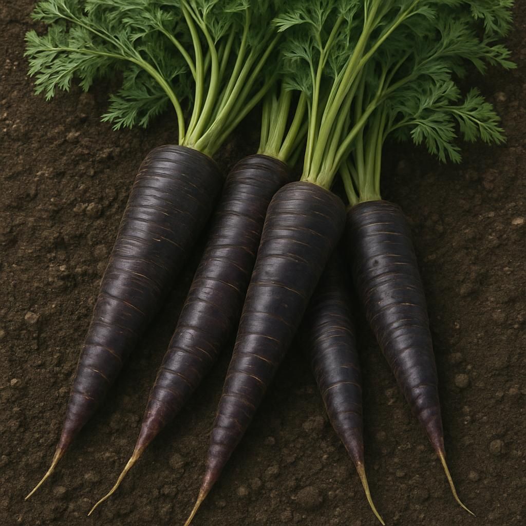Close-up of deep purple Black Nebula carrots freshly pulled from garden soil