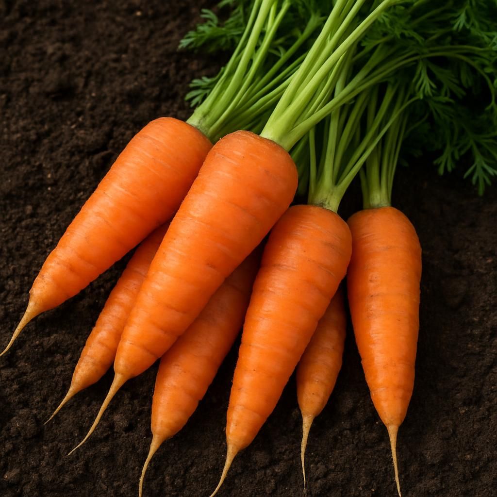 Freshly harvested Chantenay Red Cored carrots showing short thick roots and bright orange color