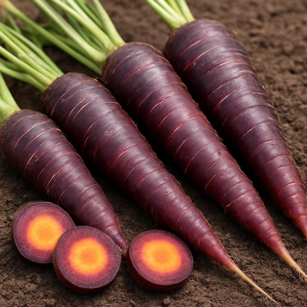 Freshly harvested Cosmic Purple carrots displaying striking purple skin and bright orange interior on clean soil