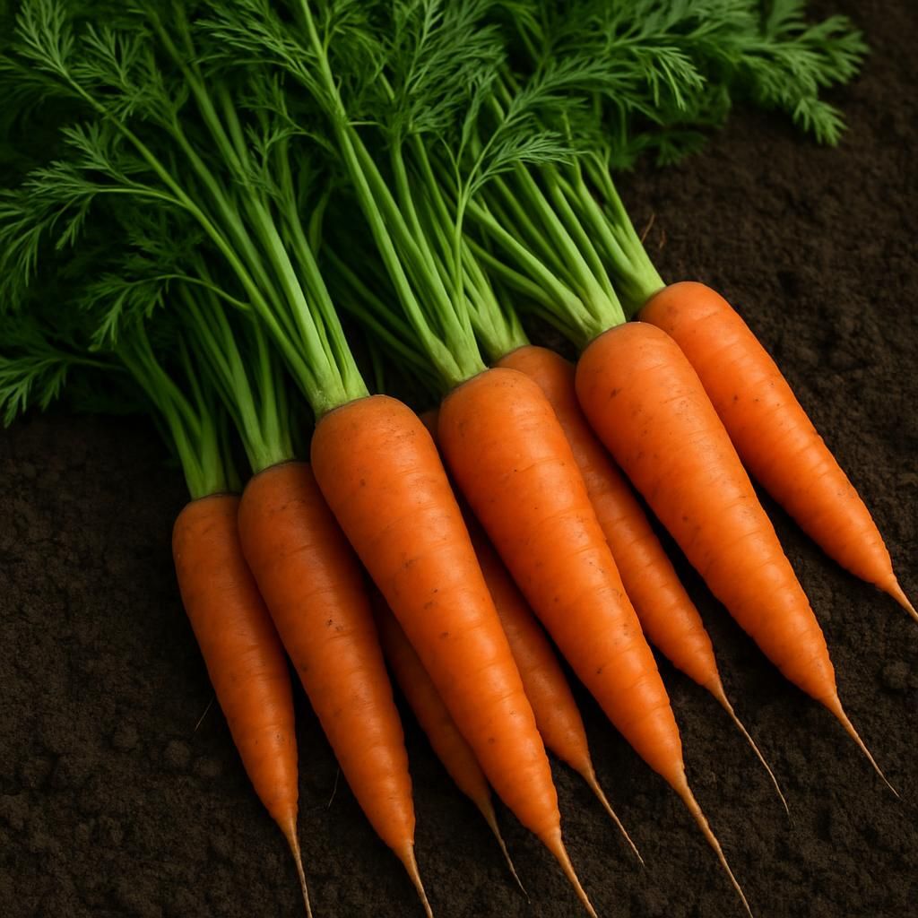 Freshly harvested Danvers Half Long carrots showing deep orange blunt roots and green tops on garden soil