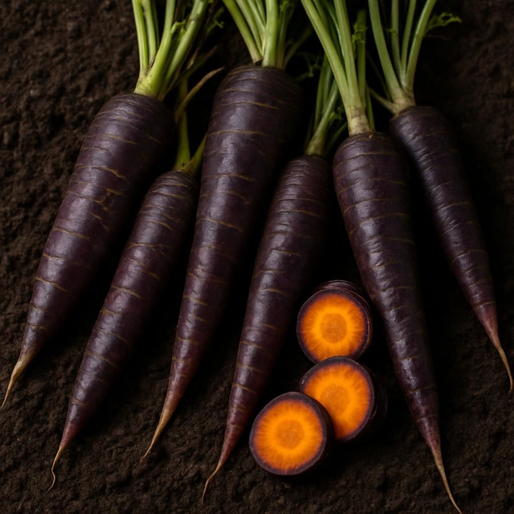 Freshly harvested Dragon Purple carrots with vivid purple skin and orange centers on garden soil