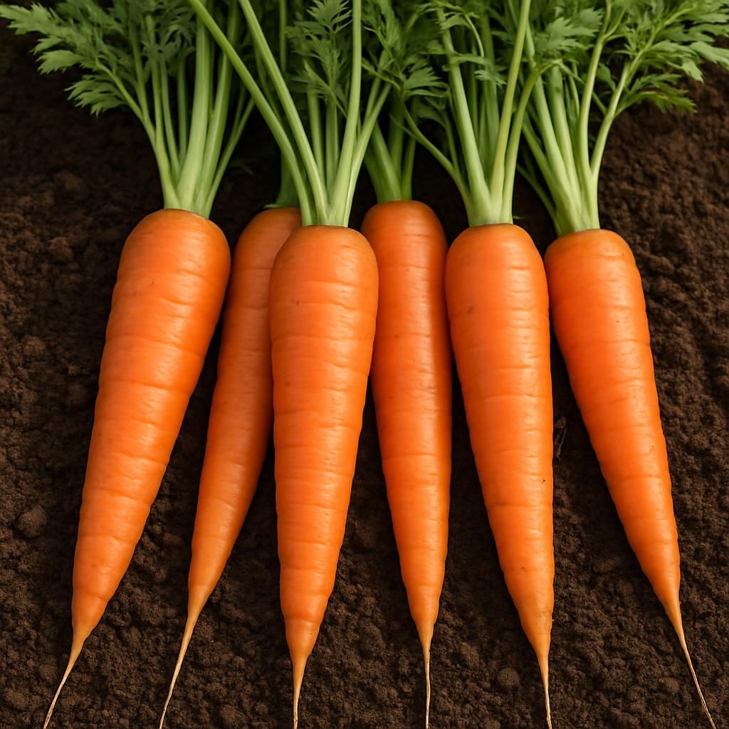 Freshly harvested Imperator 58 carrots showing long tapered orange roots and lush green foliage