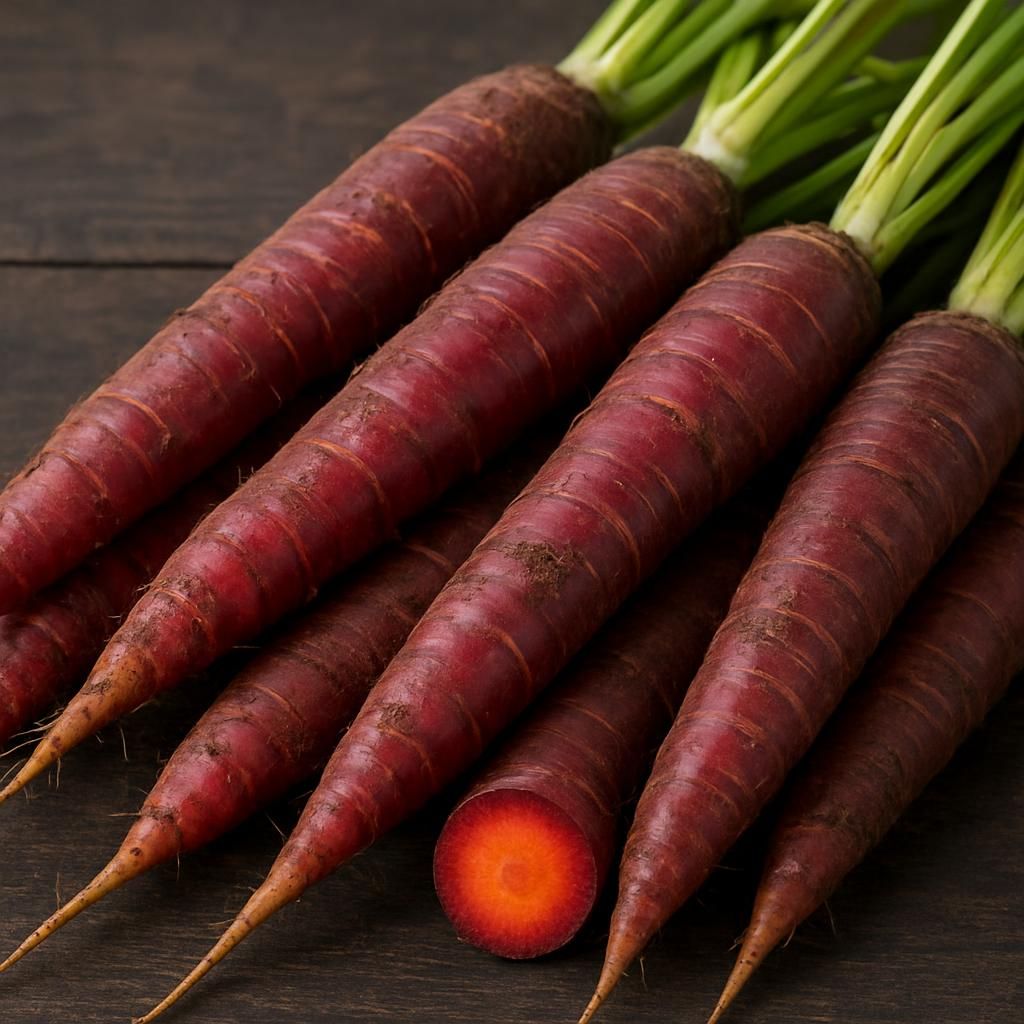 Freshly harvested Kyoto Red carrots showing distinctive red-purple skin and sweet orange-red flesh on wooden surface