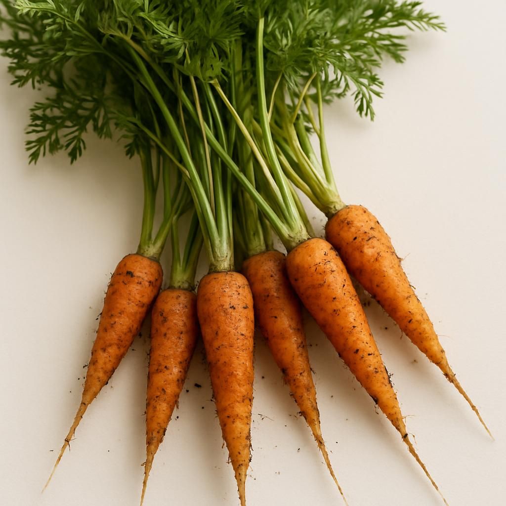 Freshly harvested Little Finger carrots showing slender orange roots and feathery green tops on clean background