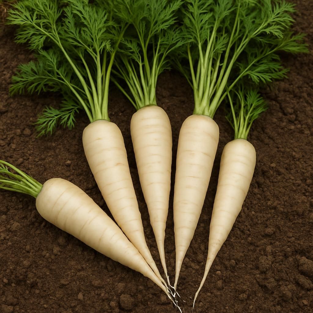 Freshly harvested Lunar White carrots showing smooth white roots and green tops on clean soil