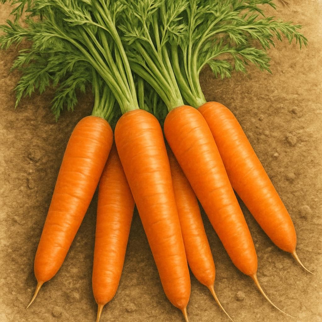 Freshly harvested Nantes Coreless carrots showing smooth blunt-tipped roots and lush green tops