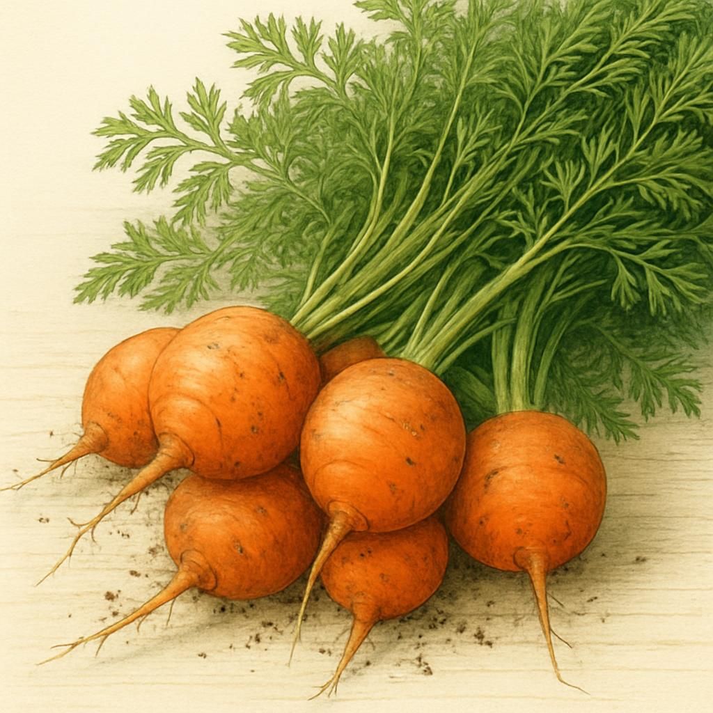 Freshly harvested round Paris Market carrots with vibrant orange roots and green tops on rustic wood