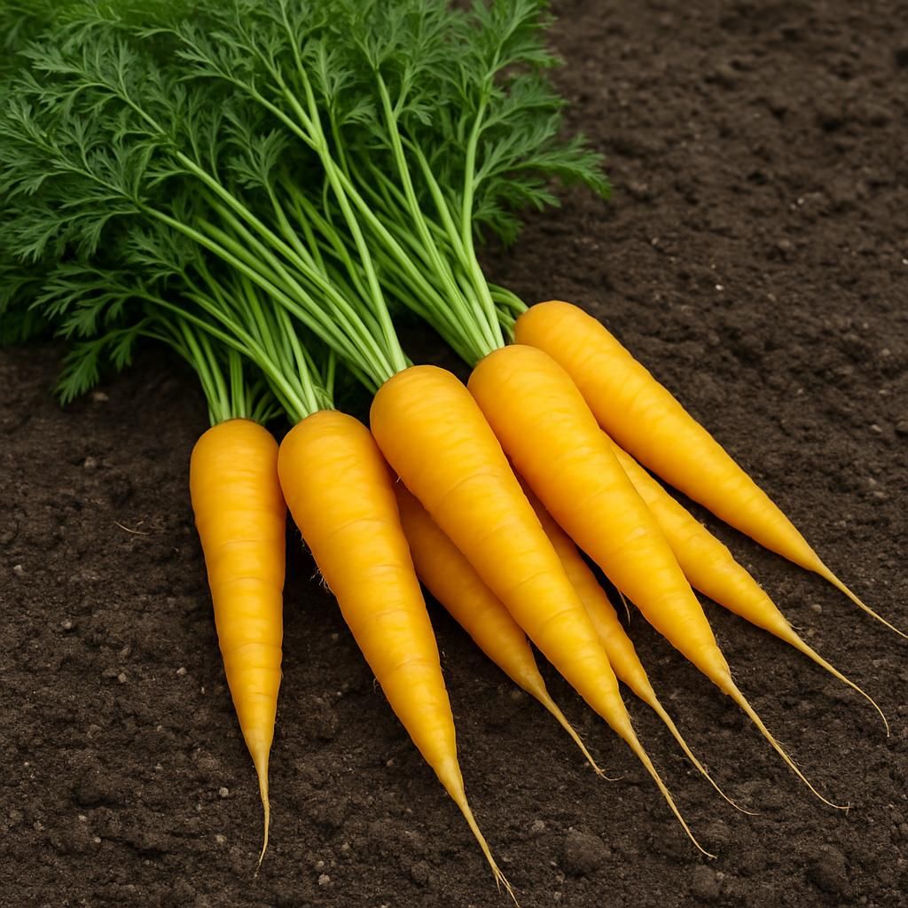 Freshly harvested Solar Yellow carrots showing vibrant golden roots and green tops on clean soil