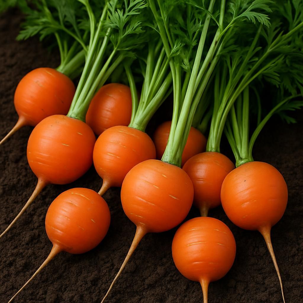 Close-up of round Tonda di Parigi carrots showing bright orange color and compact globe shape on garden soil