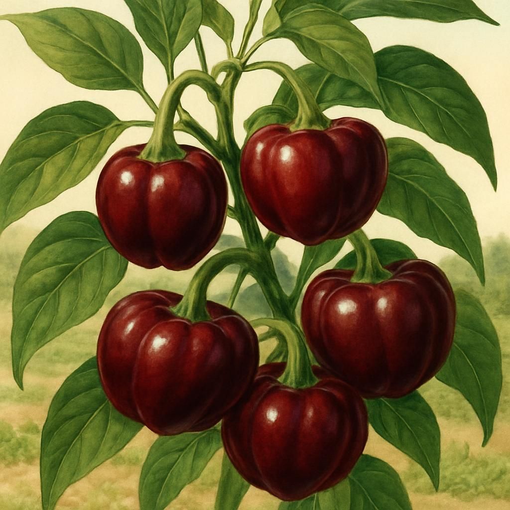 Ripe red Cascabel peppers growing on healthy plant with lush foliage