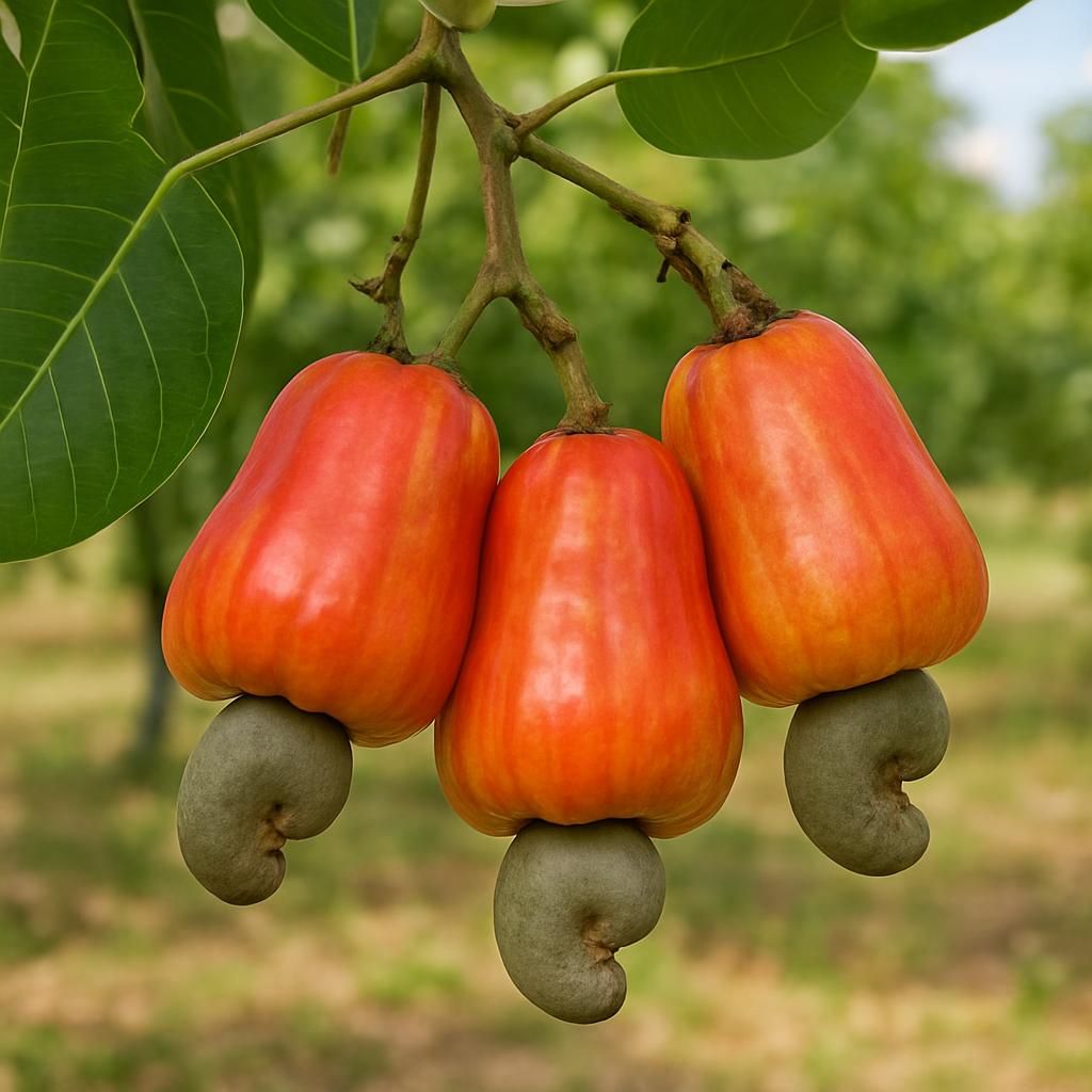 Close-up of cashew apples and nuts on Anacardium occidentale tree in tropical orchard