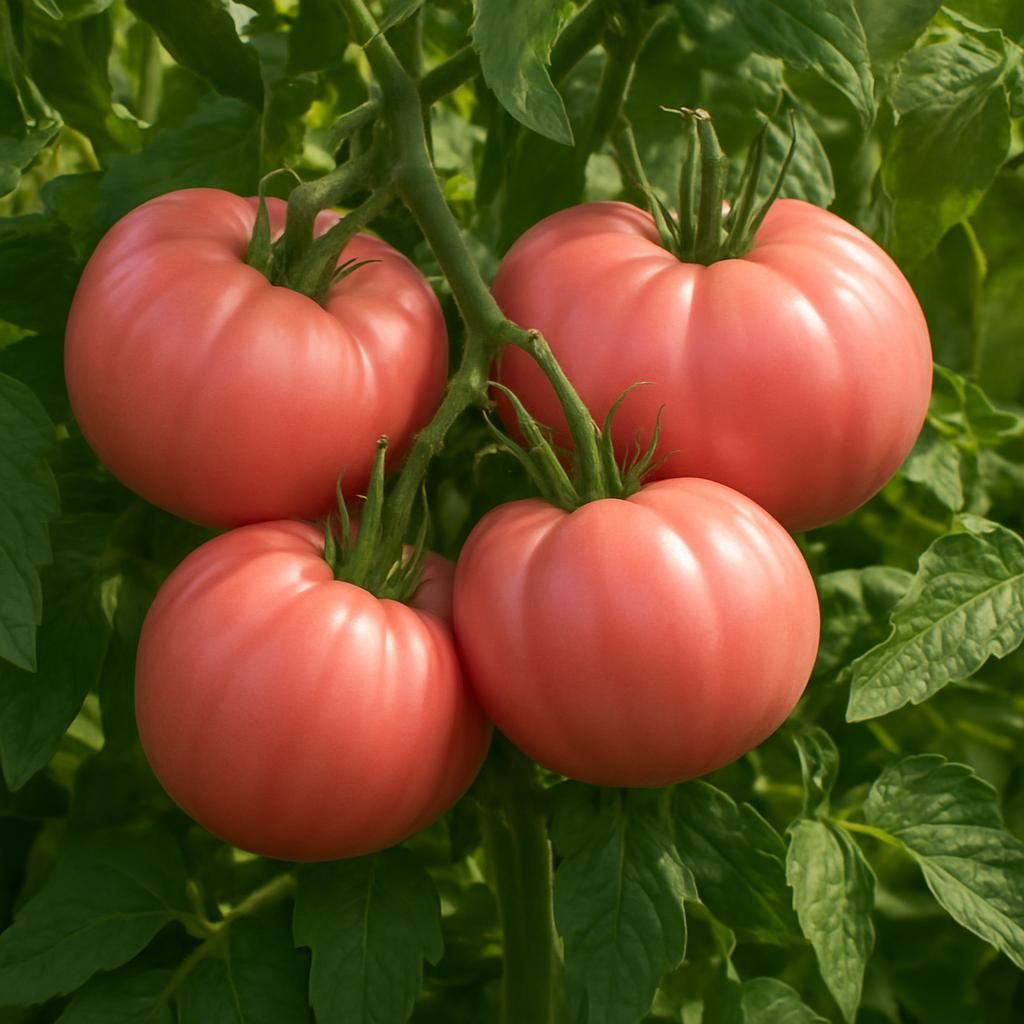 Ripe Caspian Pink heirloom beefsteak tomatoes growing on healthy indeterminate vines in a garden setting