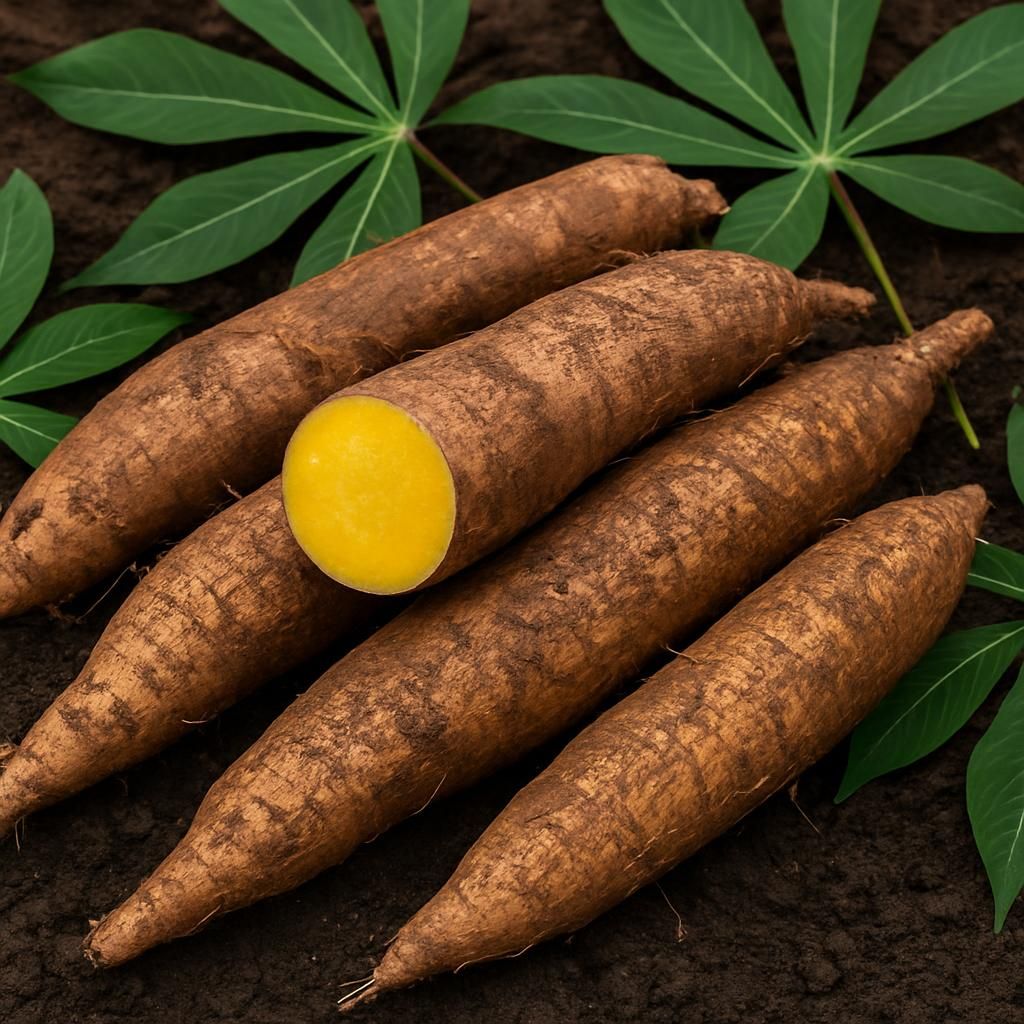 Close-up of yellow cassava roots harvested from the field with green foliage