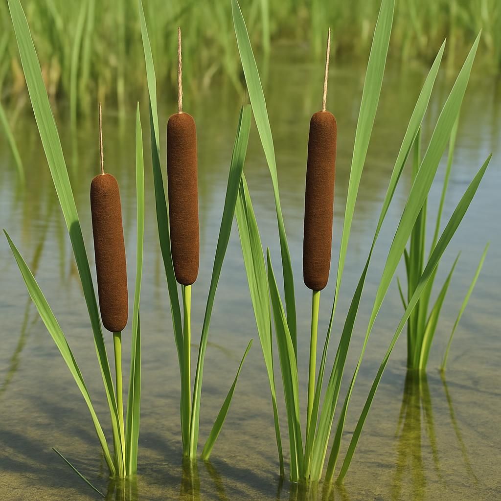 Close-up of lush cattails with green leaves and brown seed heads in shallow farm pond water