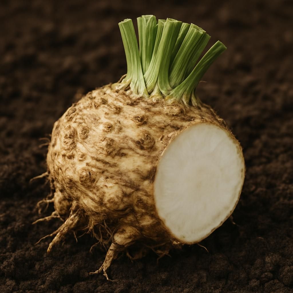 Freshly harvested Giant Prague celeriac root showing knobby skin and white interior on garden soil