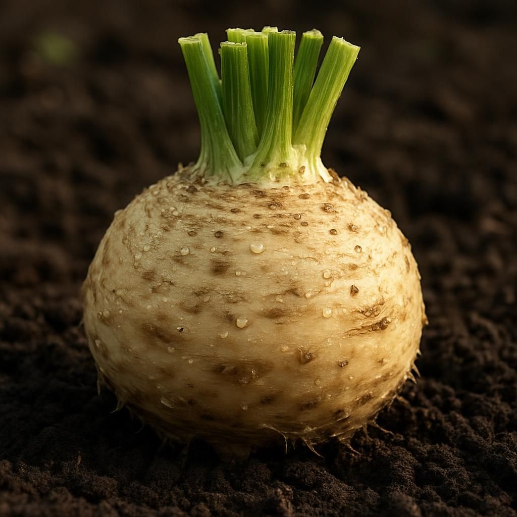 Freshly harvested Mars celeriac root vegetable on soil with trimmed green tops