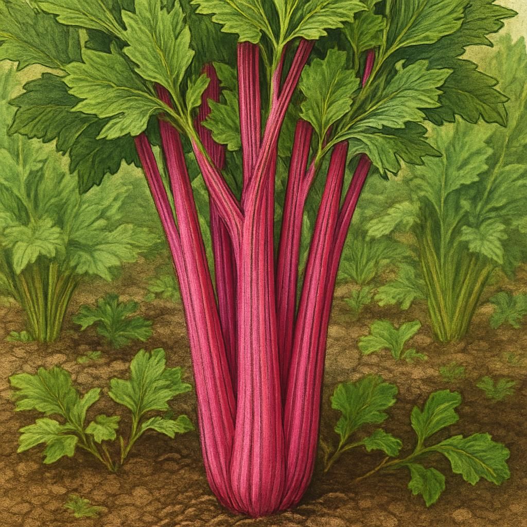 Close-up of pink celery stalks with vibrant color and lush green leaves, emphasizing healthy growth.