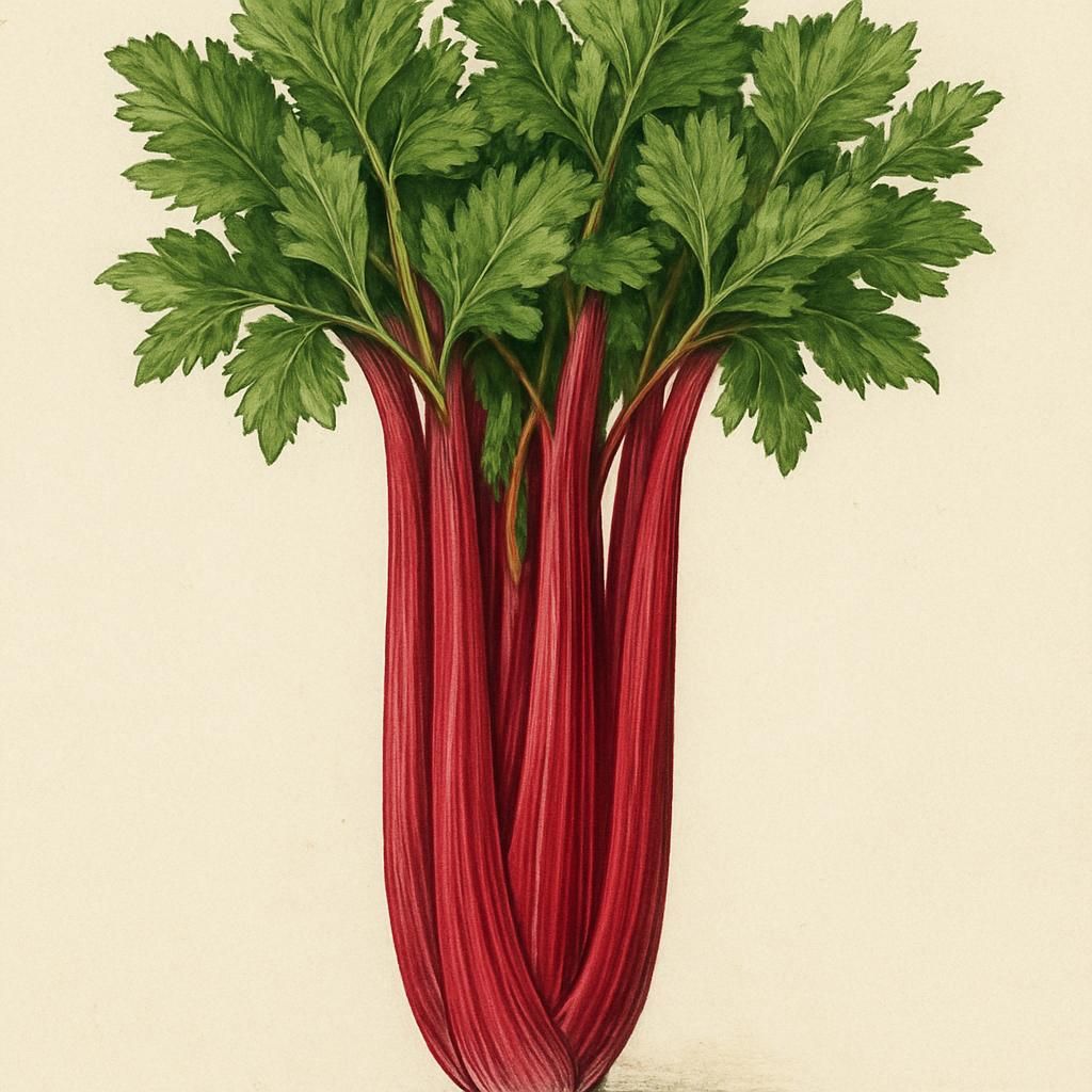 Close-up of Redventure celery with vibrant red stalks in a garden setting.