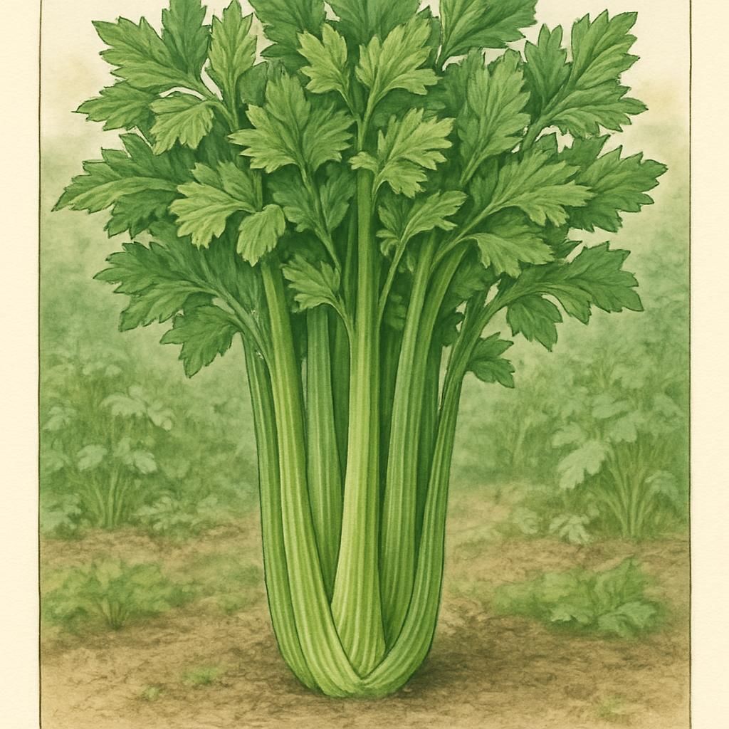 Close-up of Celery 'Tall Utah' showcasing crisp green stalks and leafy tops.