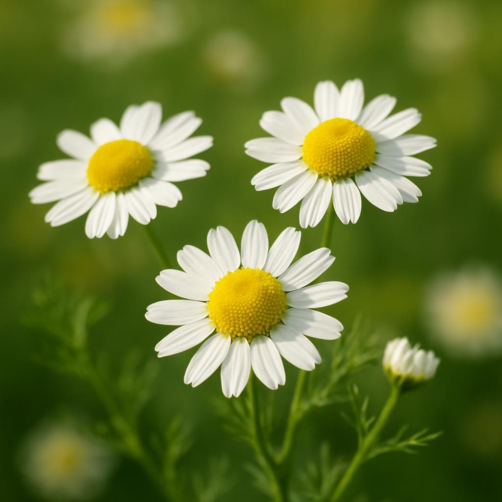 Close-up of blooming chamomile flowers with white petals and yellow centers ready for harvest