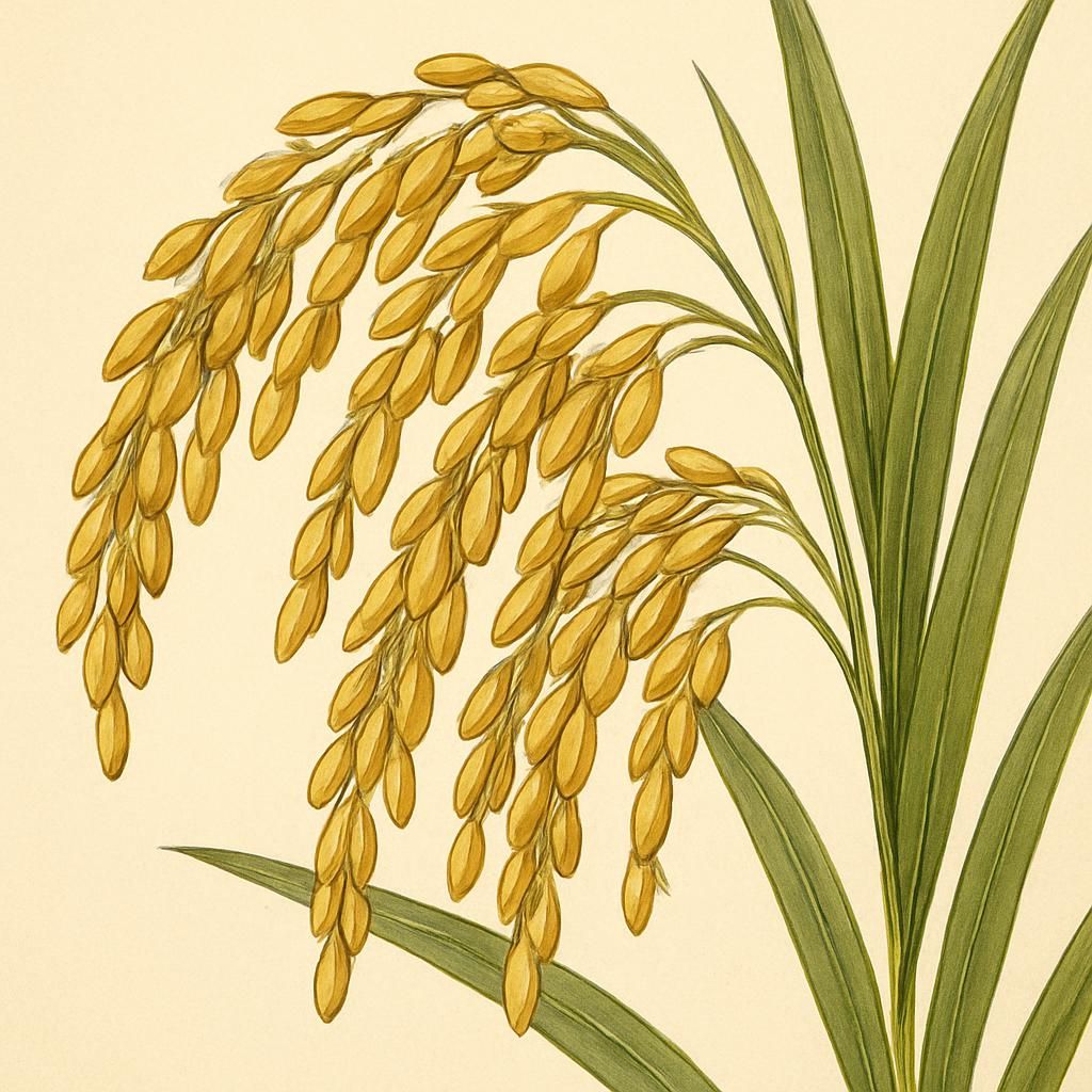 Golden stalks and grains of Charleston Gold Rice in a lush green field.