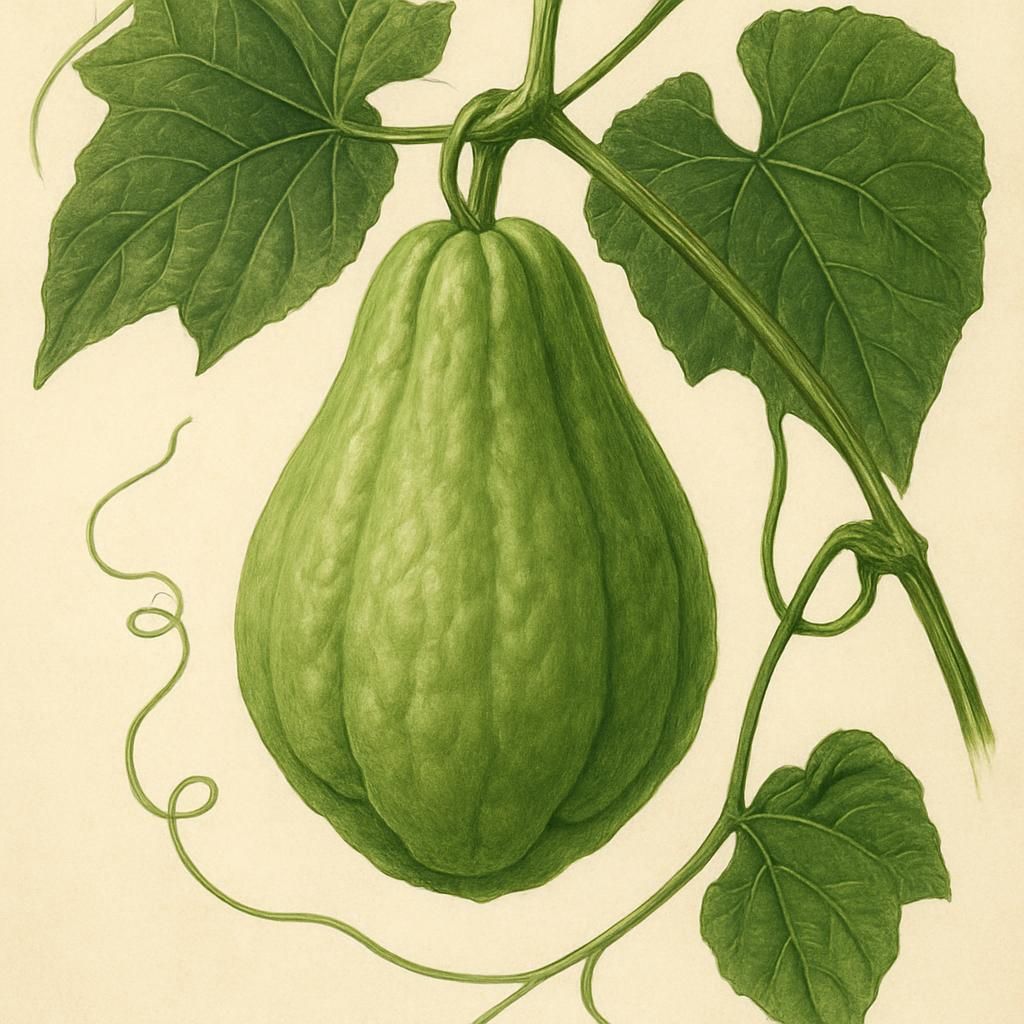 Close-up of a Chayote fruit hanging from a vine in a lush garden setting.